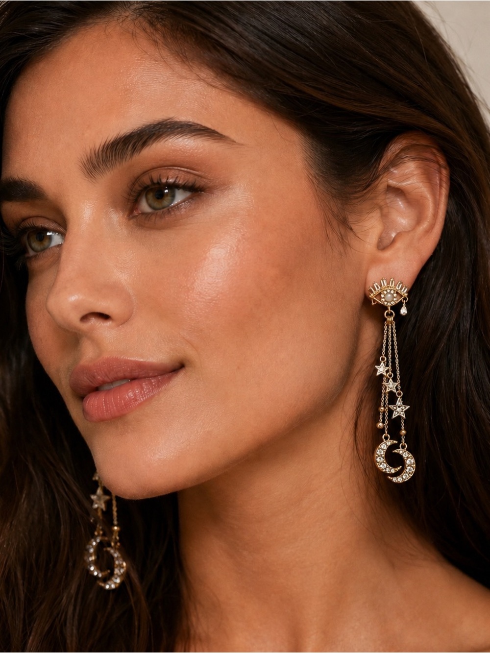 BCB Evil Eye Statement Earrings Gold Tone Rhinestone Crystal Dangle Boho GlamNWT